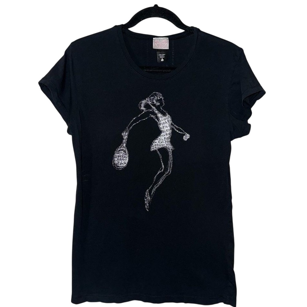 Fetch Womens XL Black Graphic T-Shirt Tennis Girl Sketch Art Cotton Short Sleeve